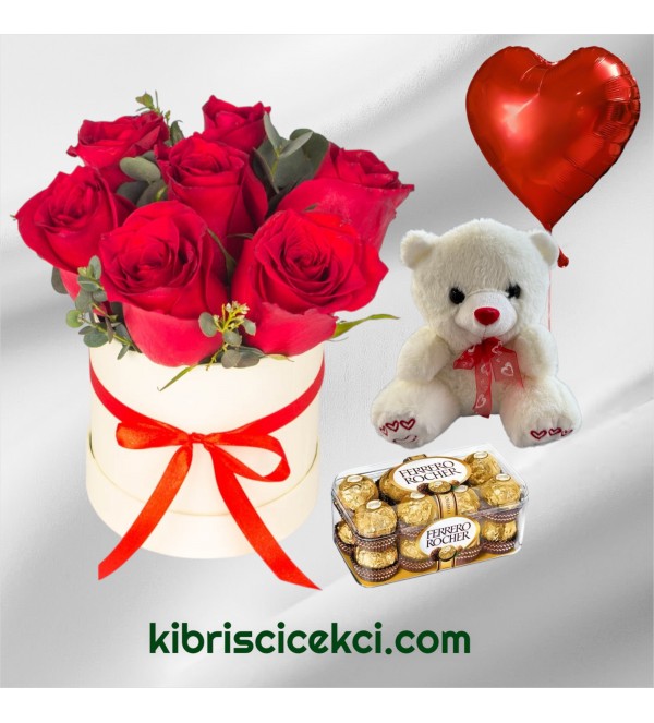 Kutuda 7 Kırmızı Gül Ayıcık 16'lı Ferrero Çikolata Kalp Helyum Balon